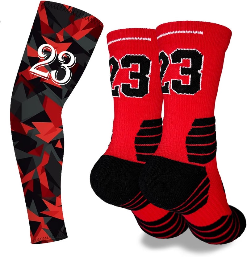 Popuid Youth Boys Basketball Crew Socks with Arm Sleeves, Lucky Number Thickened Sports Socks for Kids Team Uniform Gifts - Image 1